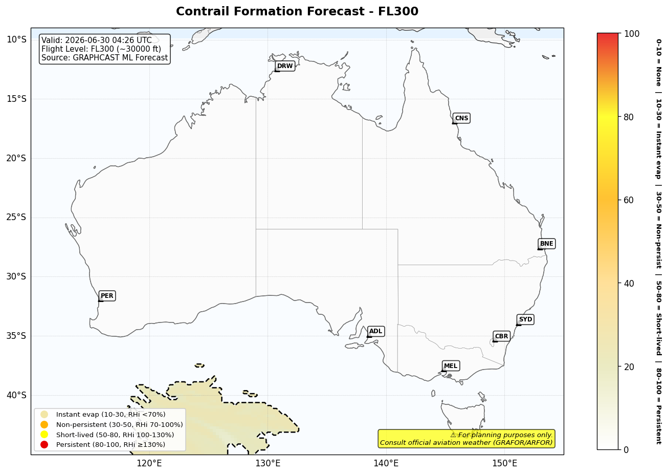 Contrail forecast for FL300 at 2026-06-30 04:26 UTC