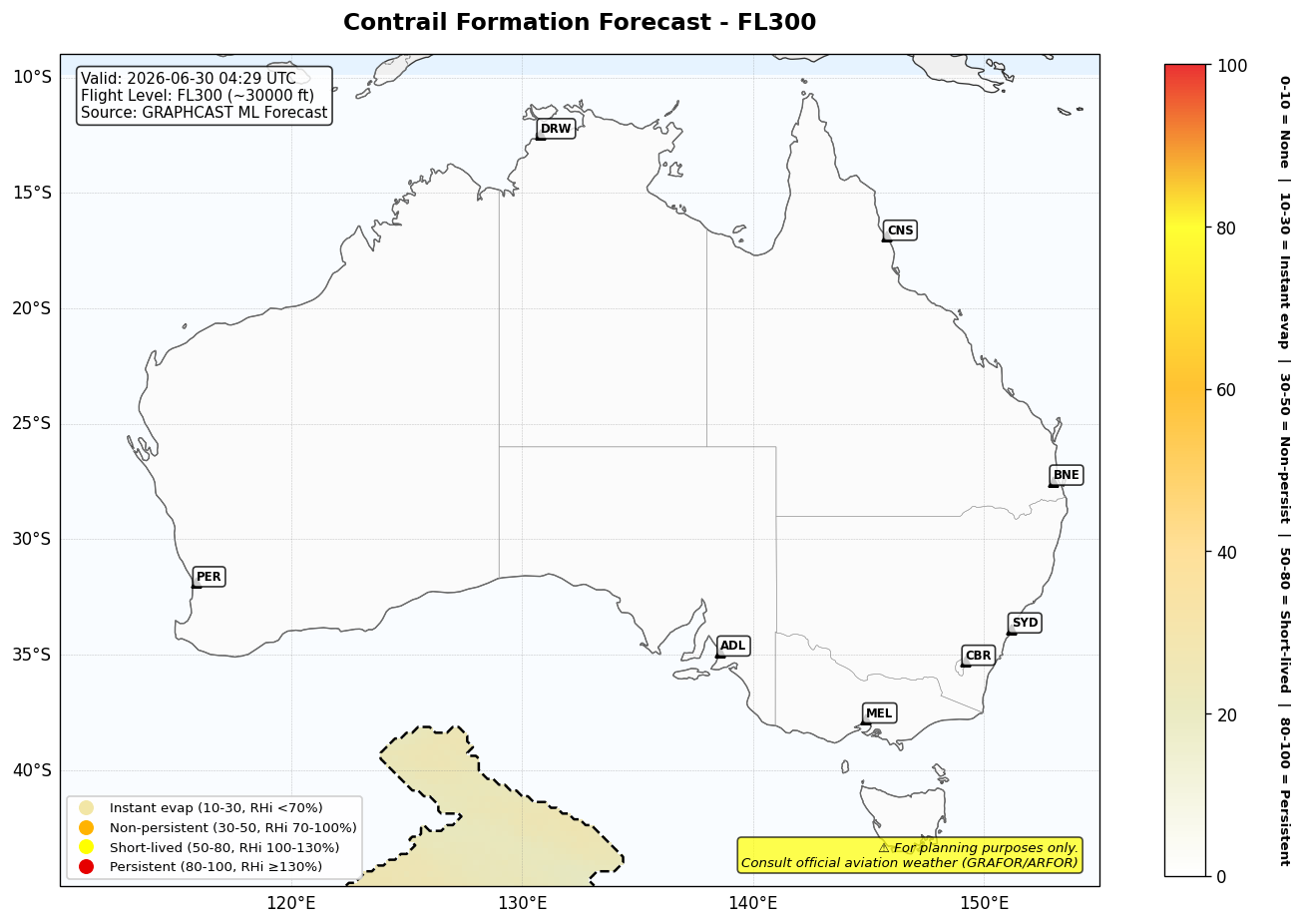 Contrail forecast for FL300 at 2026-06-30 04:29 UTC