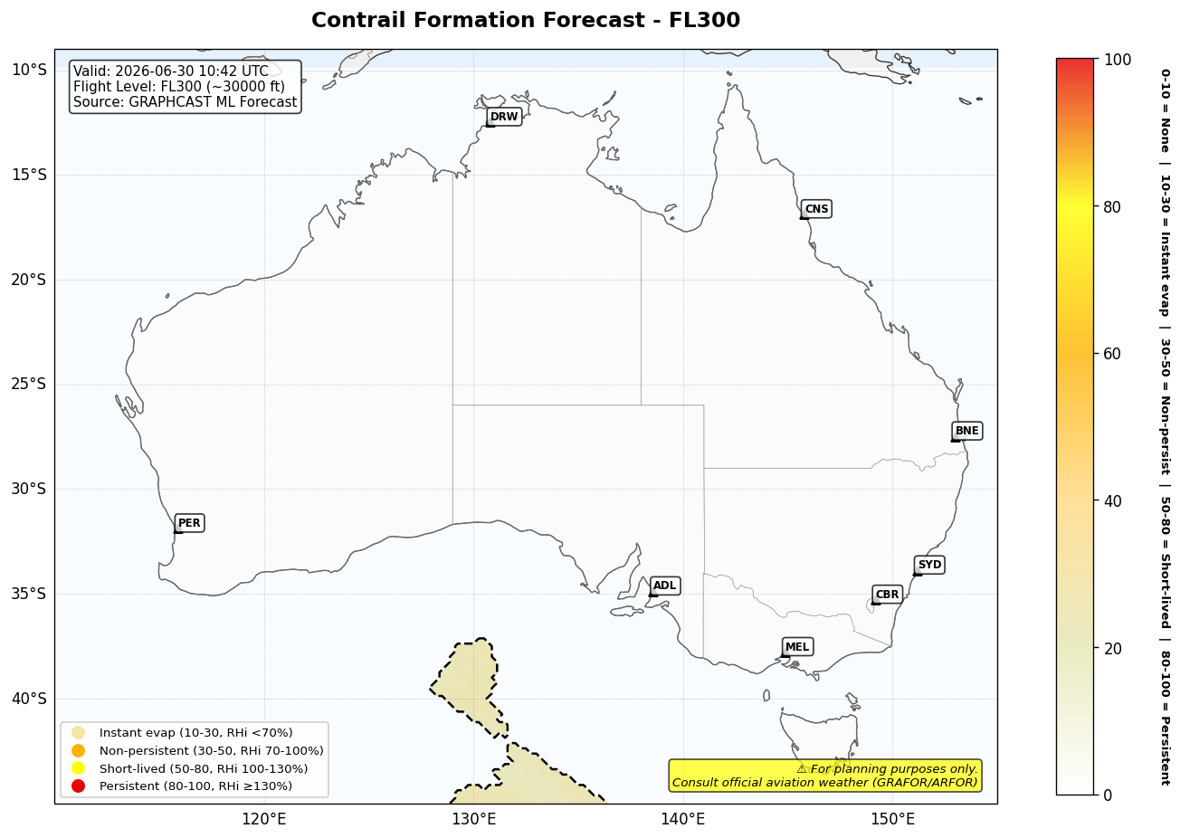 Contrail forecast for FL300 at 2026-06-30 10:42 UTC