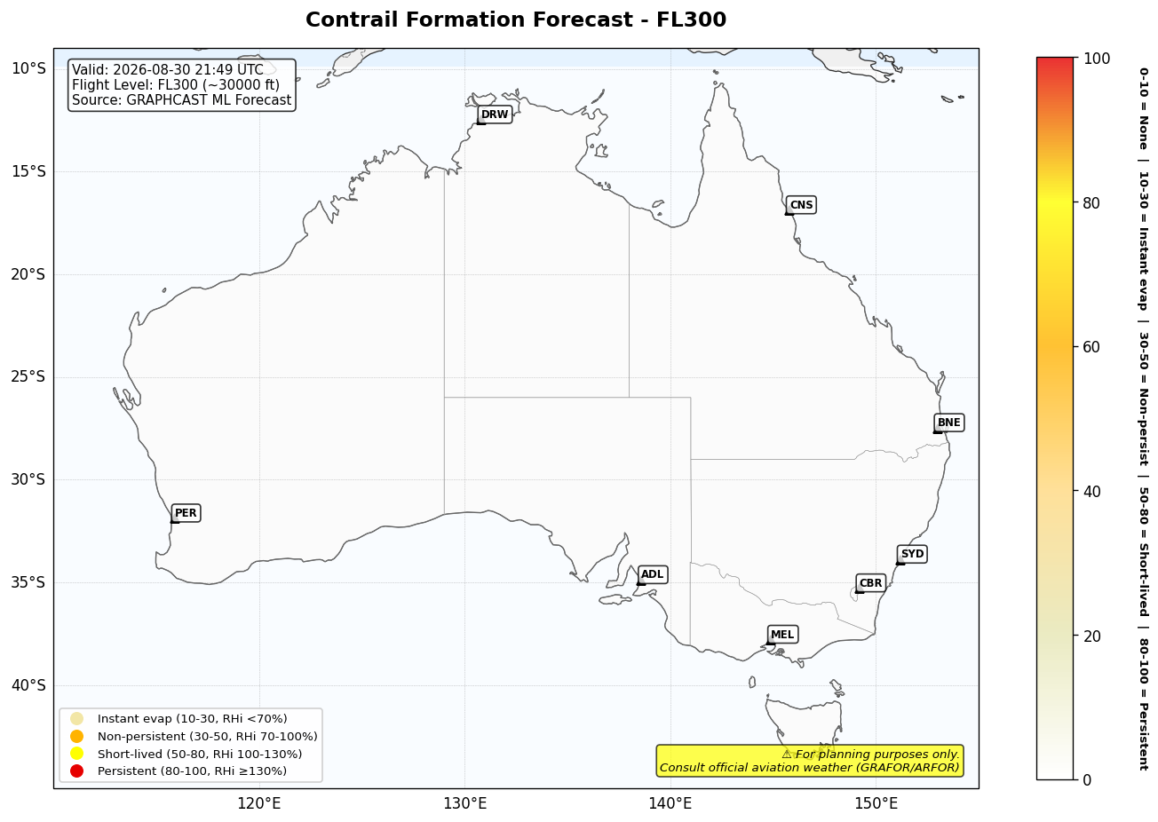 Contrail forecast for FL300 at 2026-08-30 21:49 UTC
