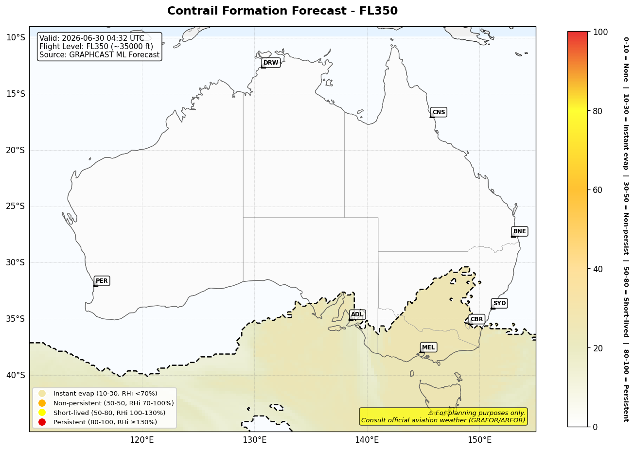 Contrail forecast for FL350 at 2026-06-30 04:32 UTC