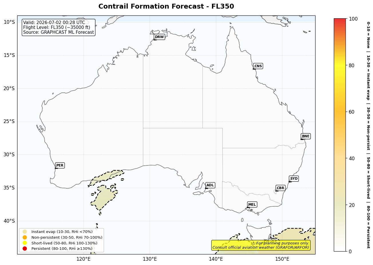 Contrail forecast for FL350 at 2026-07-02 00:28 UTC