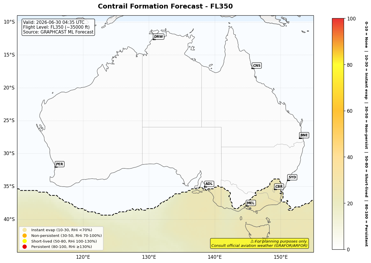 Contrail forecast for FL350 at 2026-06-30 04:35 UTC