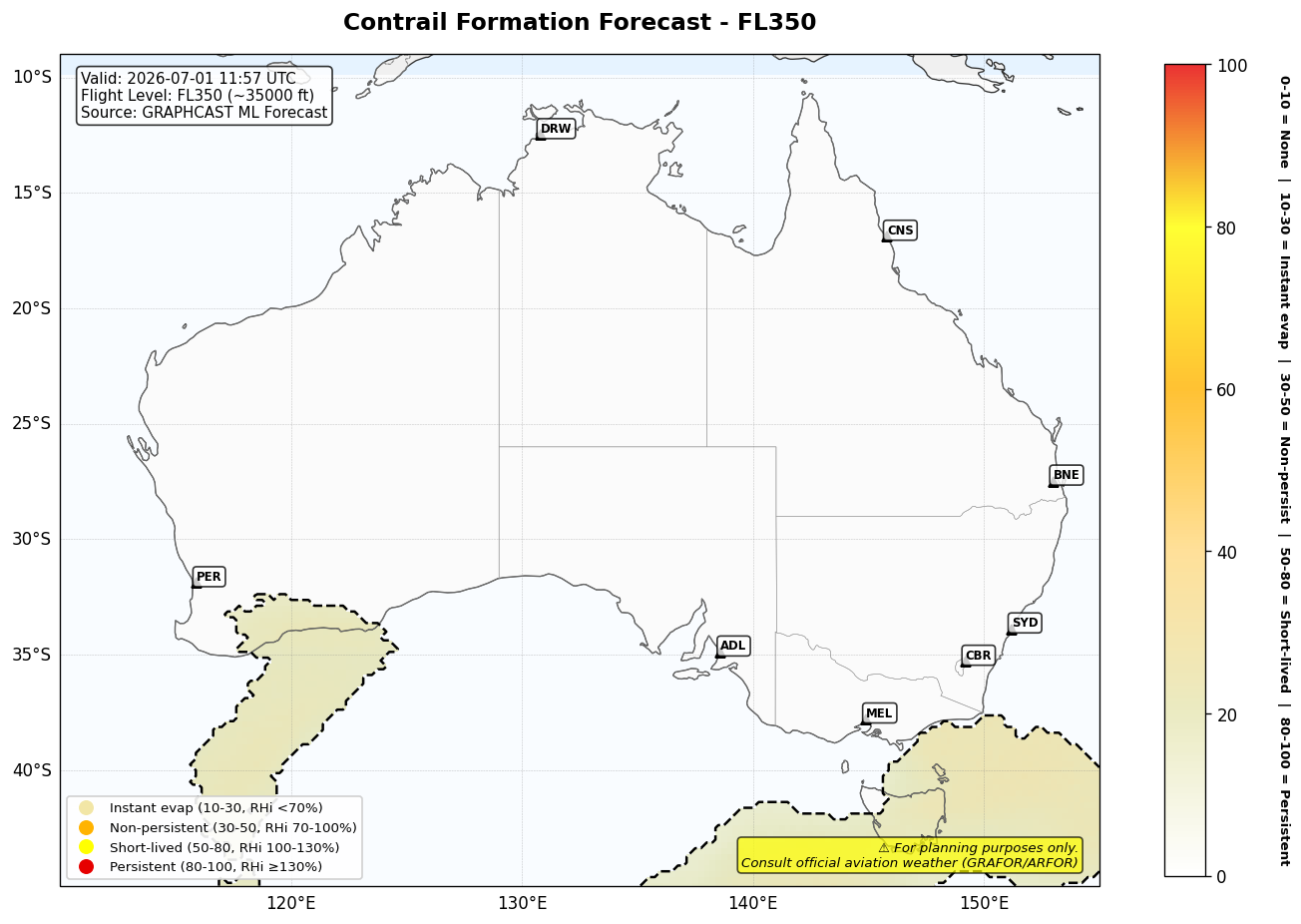 Contrail forecast for FL350 at 2026-07-01 11:57 UTC