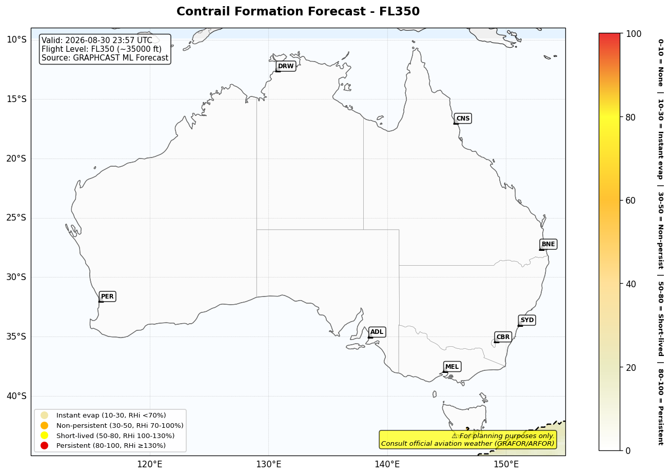 Contrail forecast for FL350 at 2026-08-30 23:57 UTC
