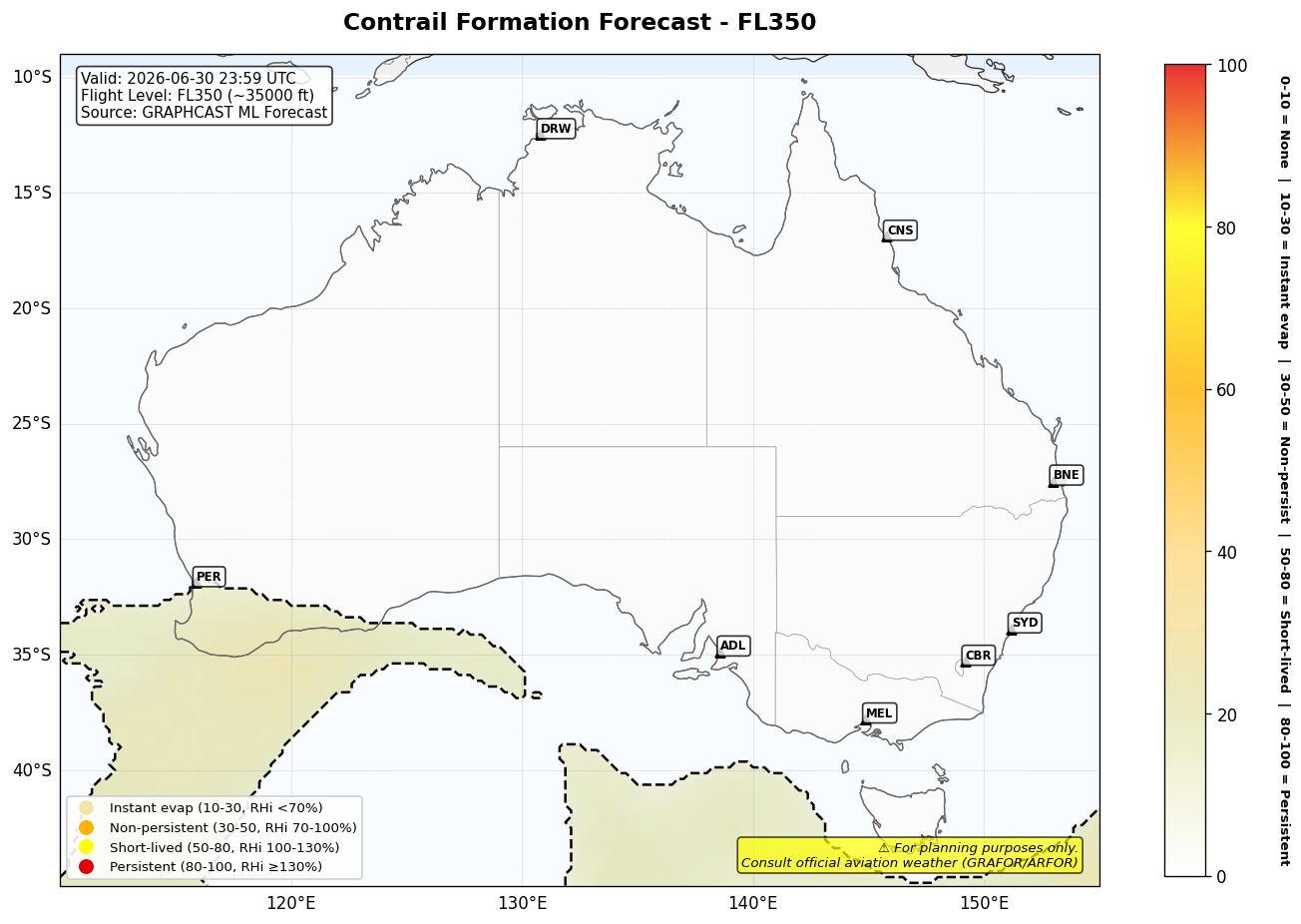 Contrail forecast for FL350 at 2026-06-30 23:59 UTC