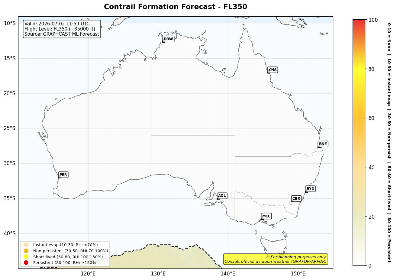 Contrail forecast for FL350 at 2026-07-02 11:59 UTC
