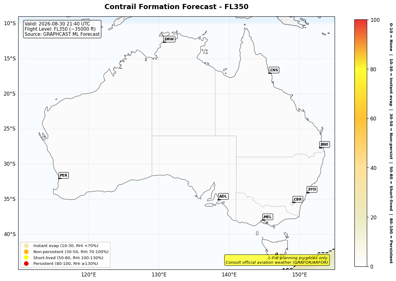 Contrail forecast for FL350 at 2026-08-30 21:40 UTC