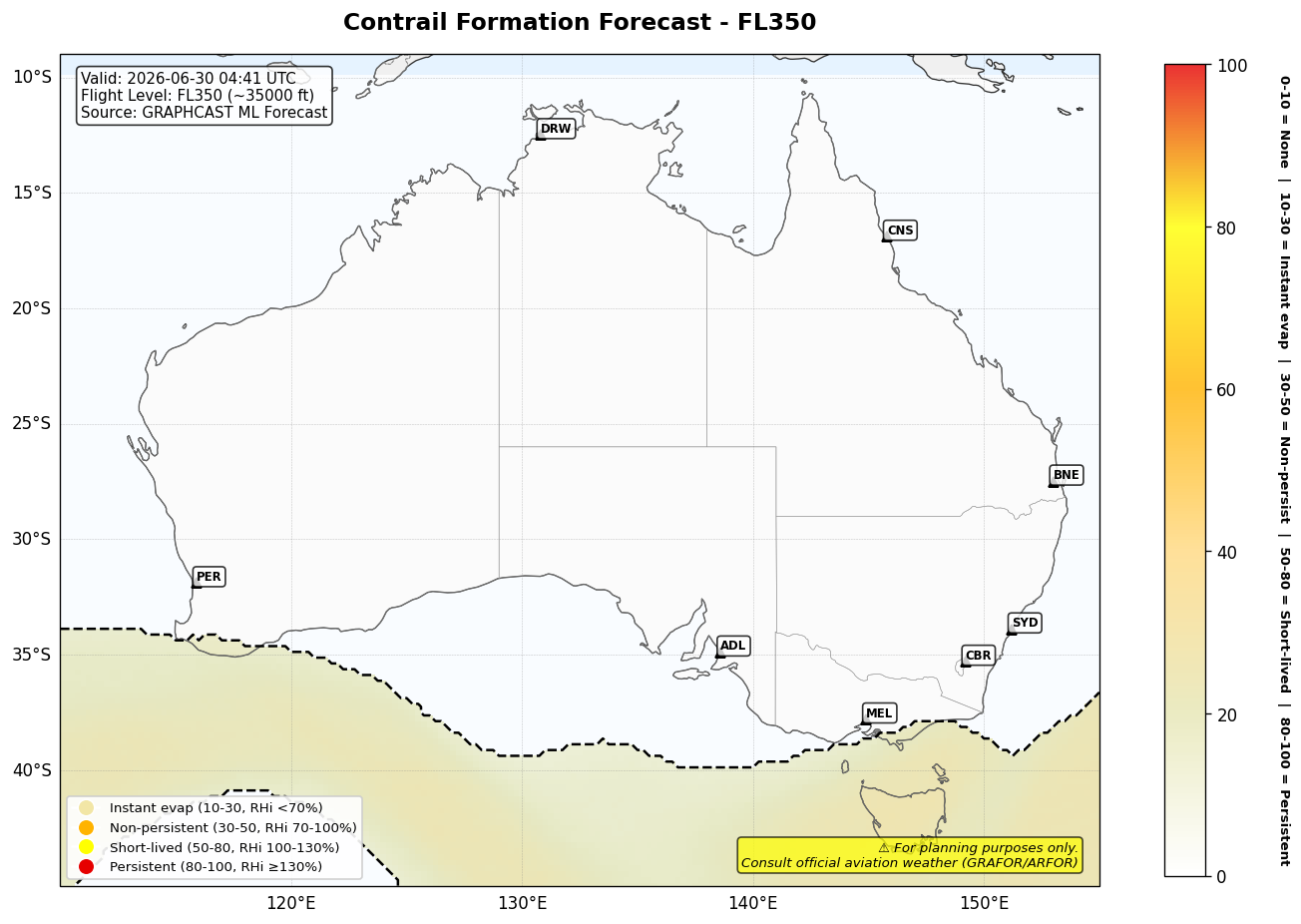 Contrail forecast for FL350 at 2026-06-30 04:41 UTC