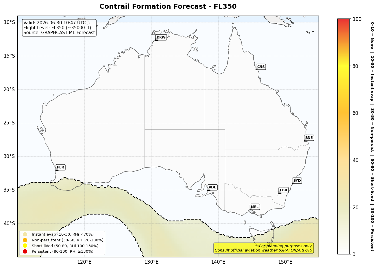 Contrail forecast for FL350 at 2026-06-30 10:47 UTC