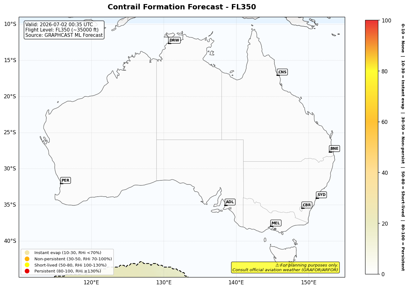 Contrail forecast for FL350 at 2026-07-02 00:35 UTC