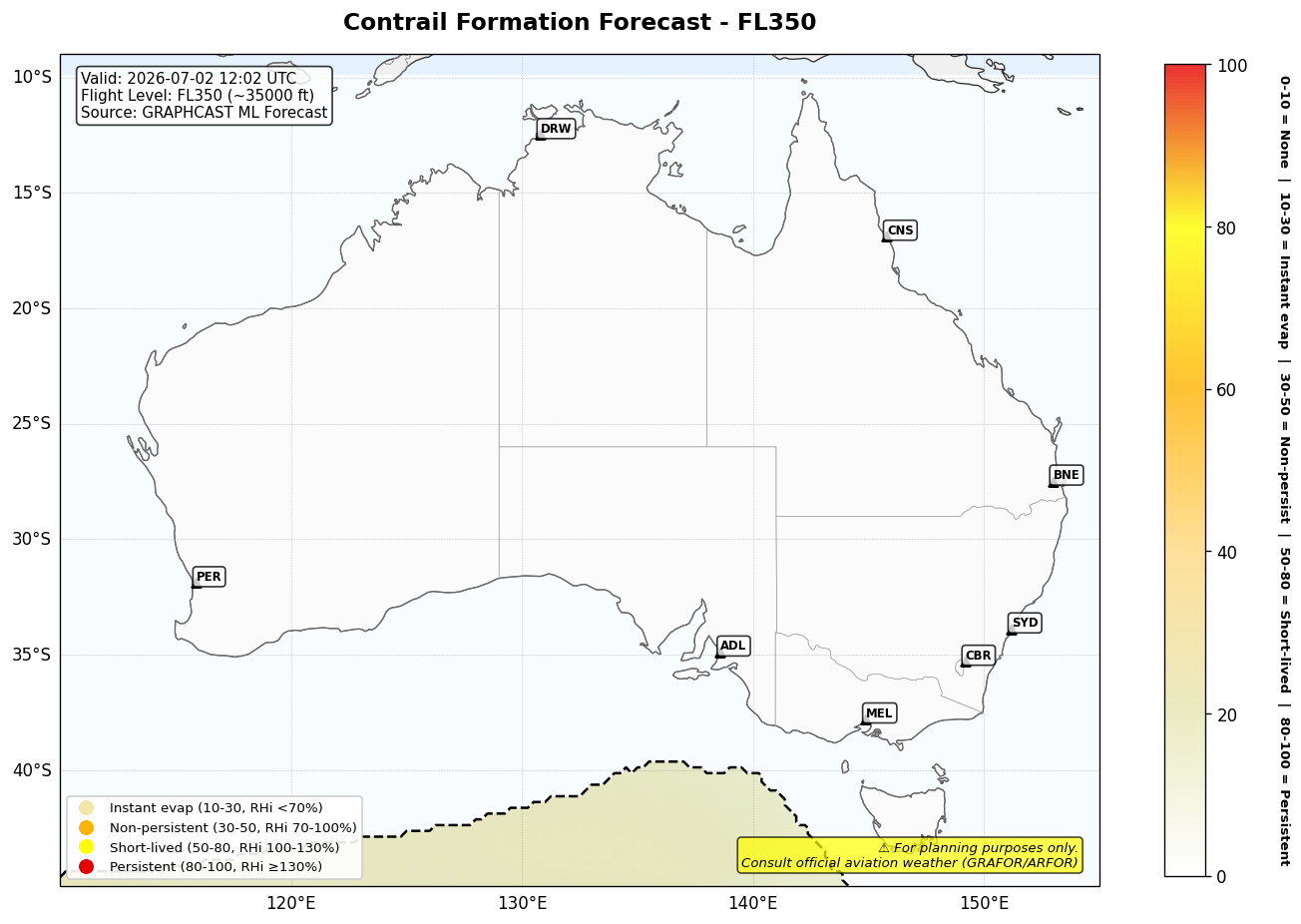 Contrail forecast for FL350 at 2026-07-02 12:02 UTC