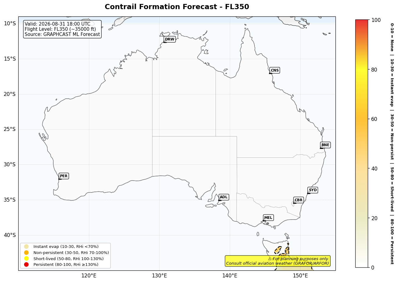 Contrail forecast for FL350 at 2026-08-31 18:00 UTC
