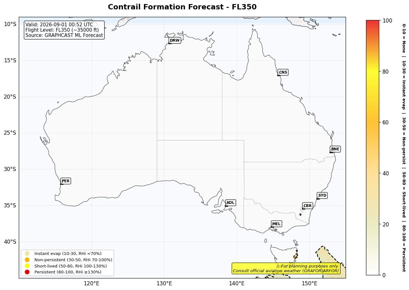 Contrail forecast for FL350 at 2026-09-01 00:52 UTC