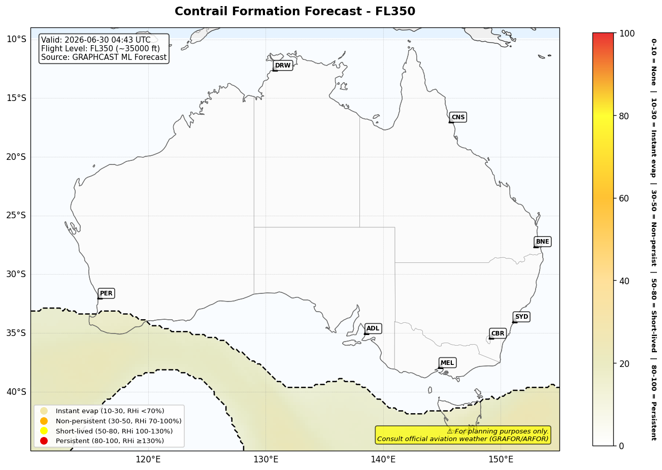 Contrail forecast for FL350 at 2026-06-30 04:43 UTC