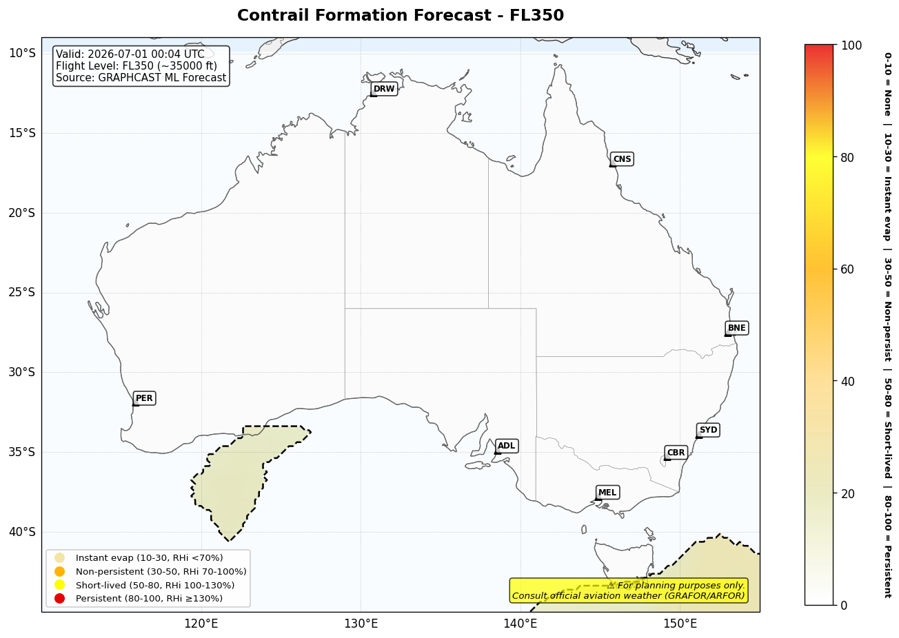 Contrail forecast for FL350 at 2026-07-01 00:04 UTC