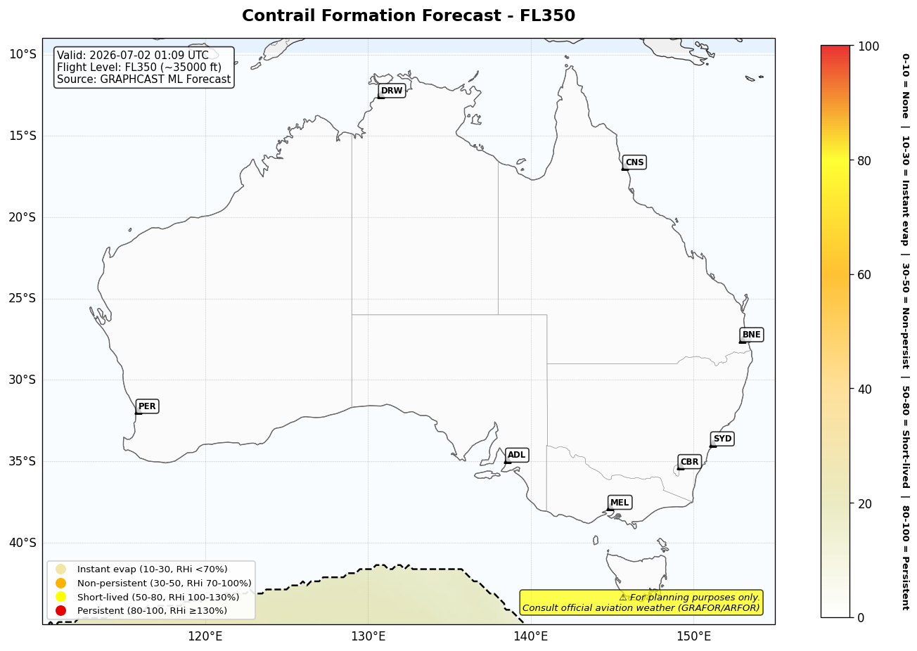 Contrail forecast for FL350 at 2026-07-02 01:09 UTC