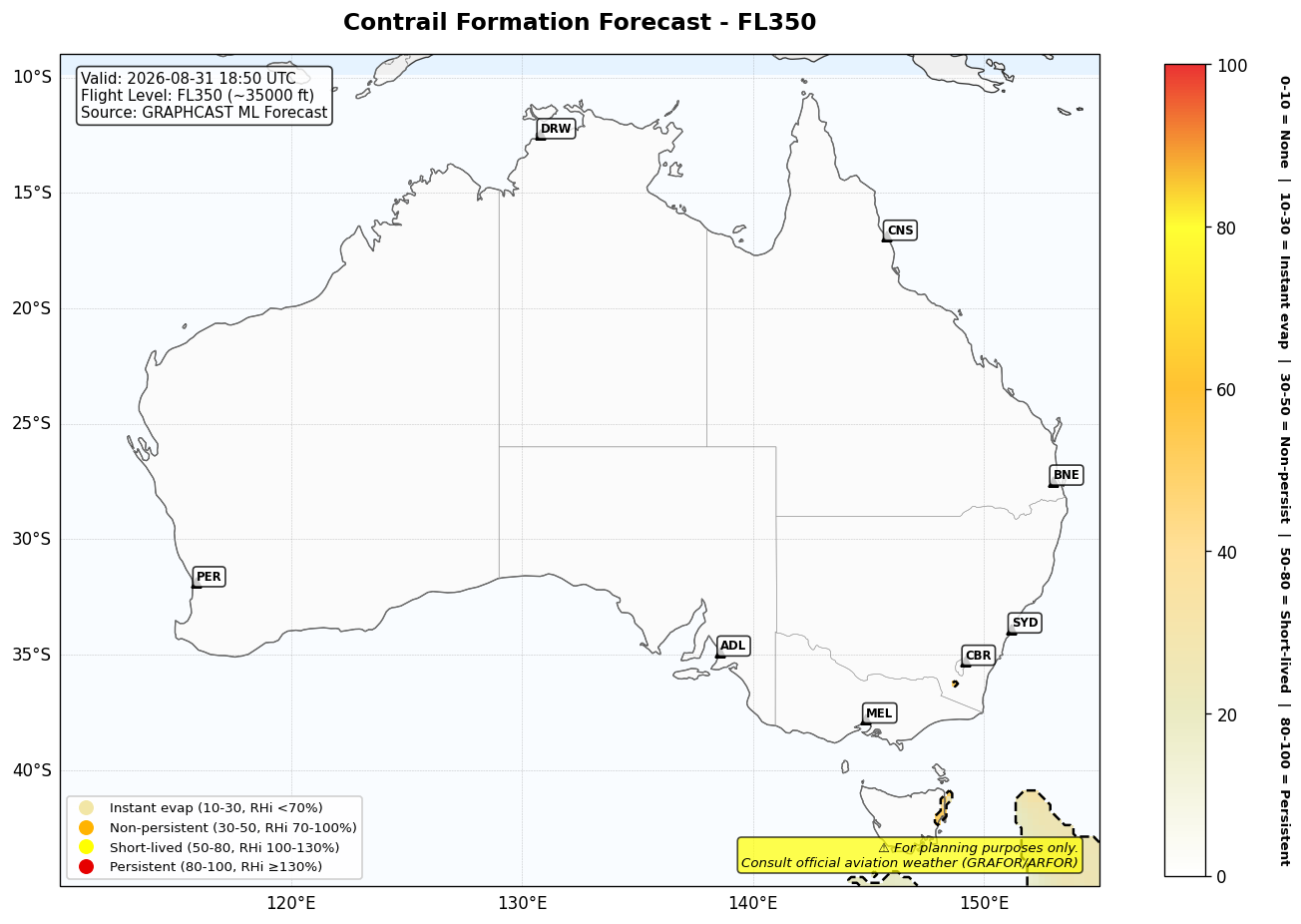 Contrail forecast for FL350 at 2026-08-31 18:50 UTC