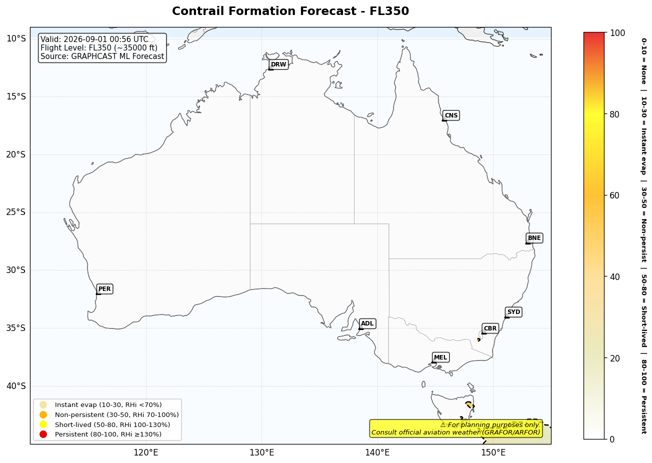 Contrail forecast for FL350 at 2026-09-01 00:56 UTC