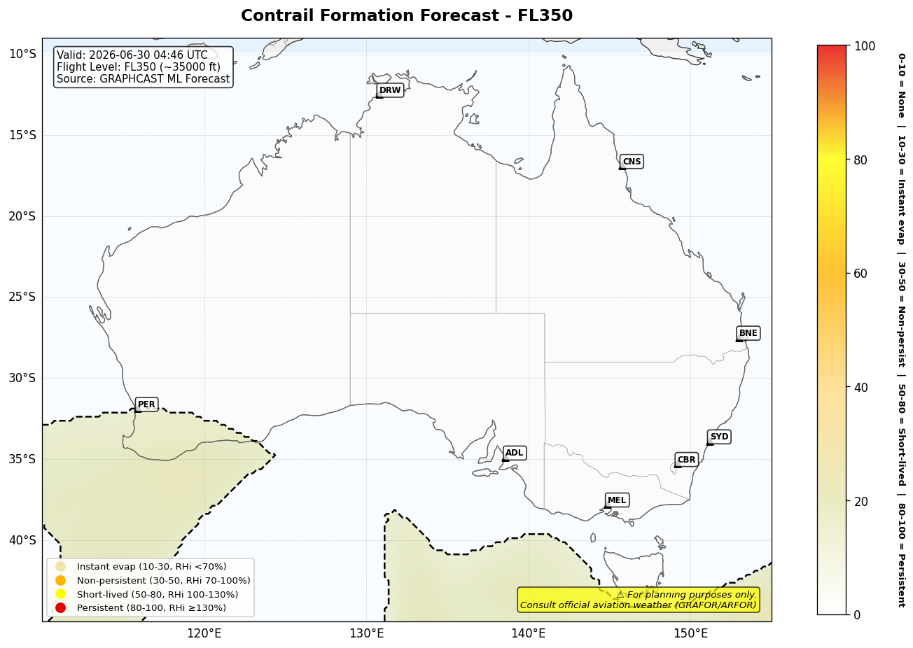Contrail forecast for FL350 at 2026-06-30 04:46 UTC