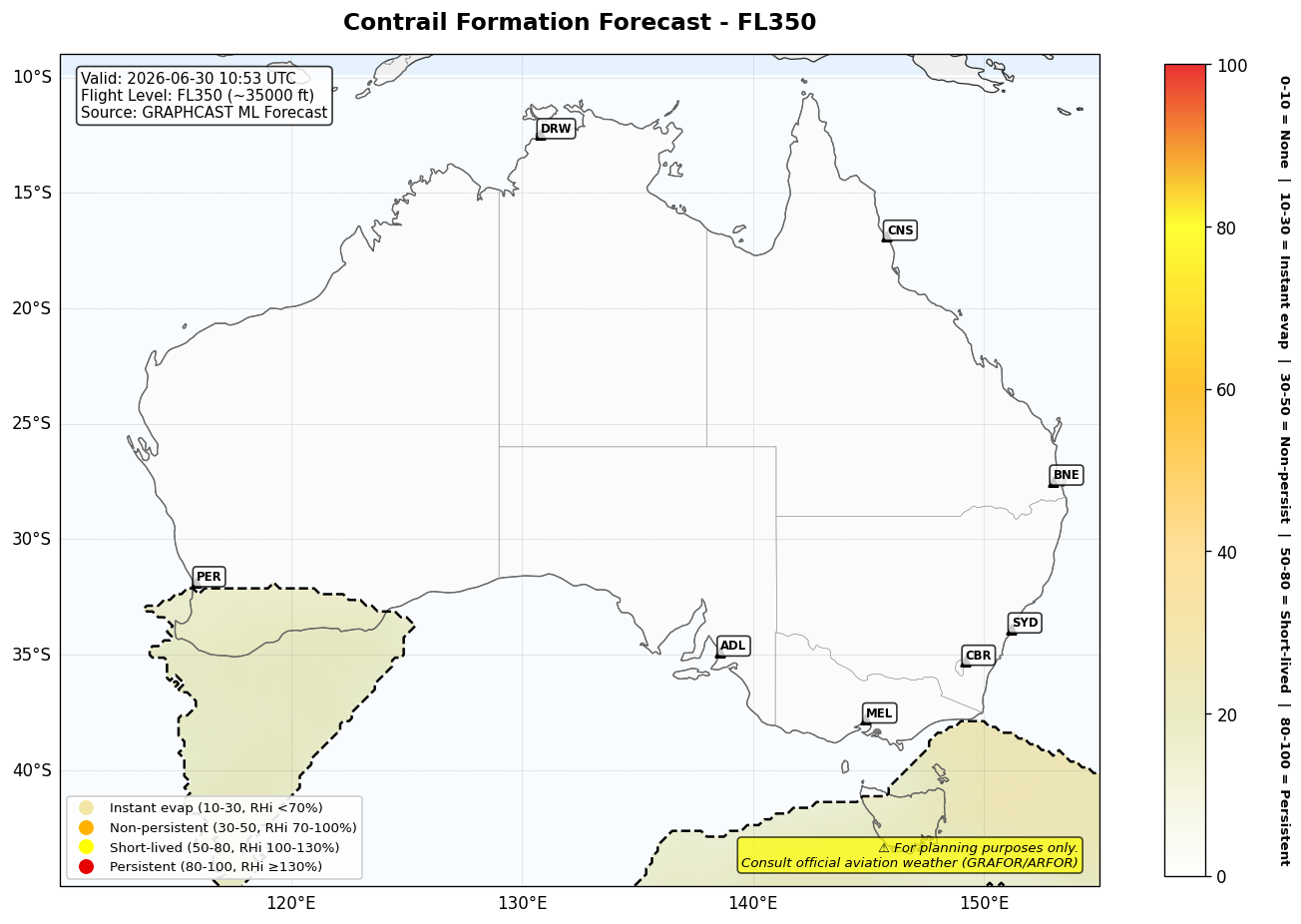Contrail forecast for FL350 at 2026-06-30 10:53 UTC