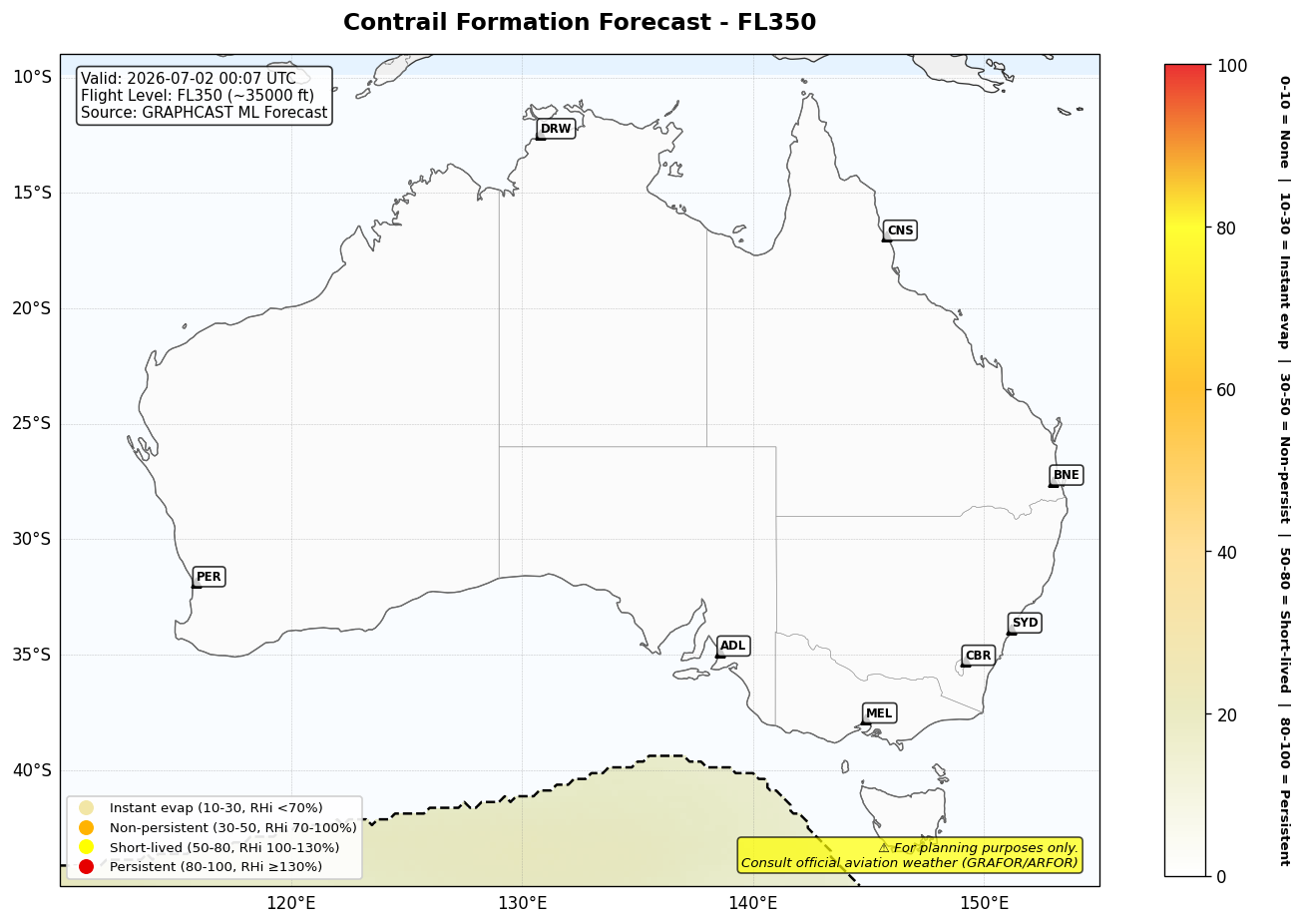 Contrail forecast for FL350 at 2026-07-02 00:07 UTC