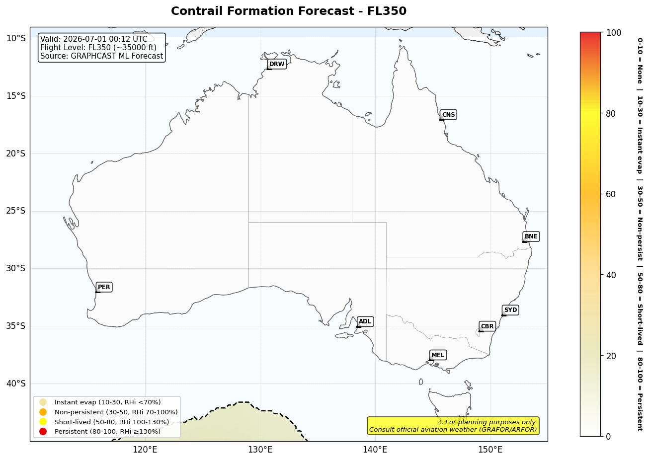 Contrail forecast for FL350 at 2026-07-01 00:12 UTC