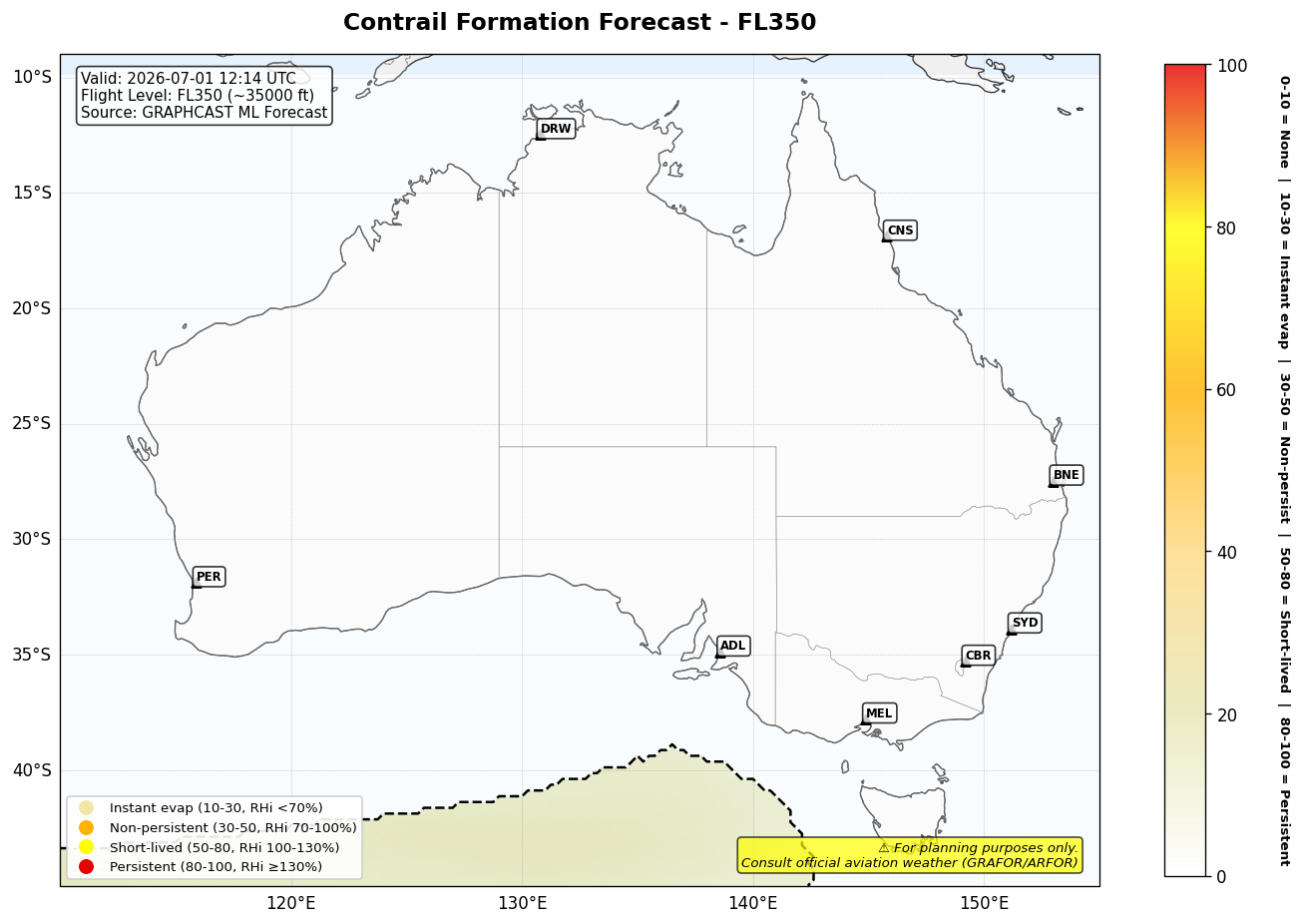 Contrail forecast for FL350 at 2026-07-01 12:14 UTC