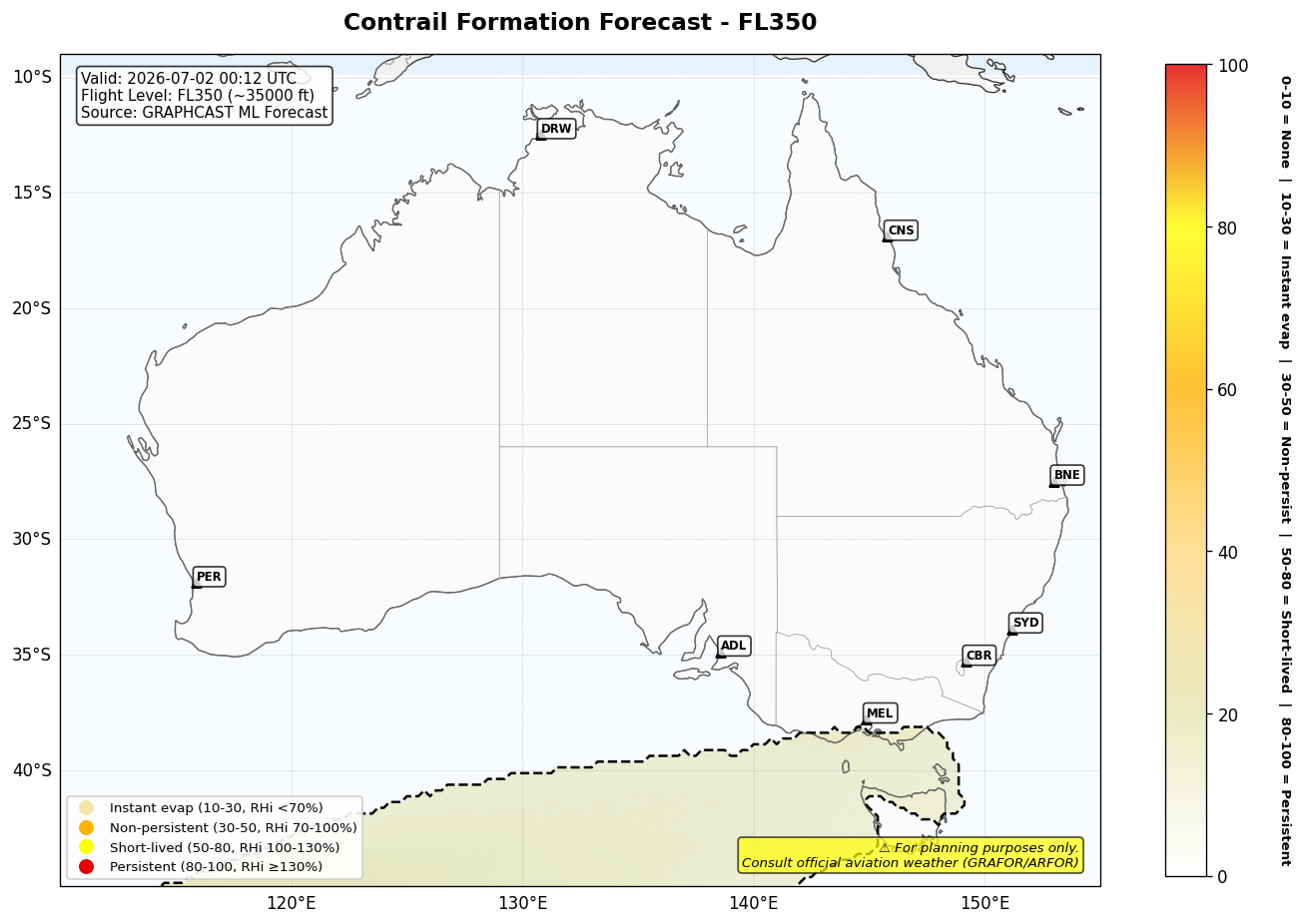 Contrail forecast for FL350 at 2026-07-02 00:12 UTC