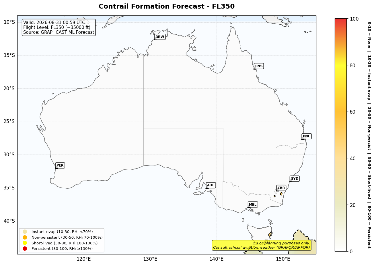 Contrail forecast for FL350 at 2026-08-31 00:59 UTC