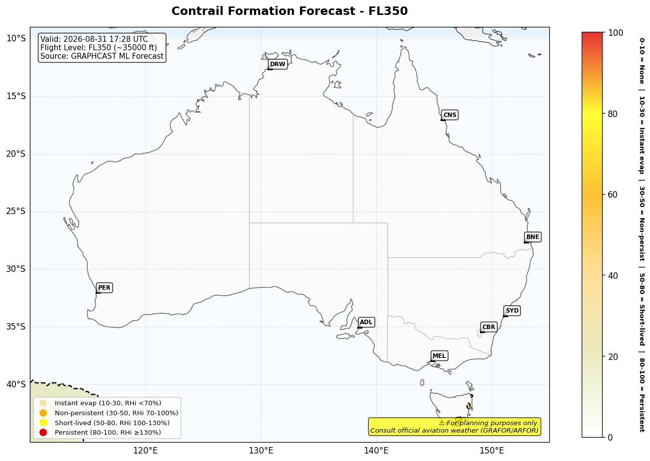 Contrail forecast for FL350 at 2026-08-31 17:28 UTC