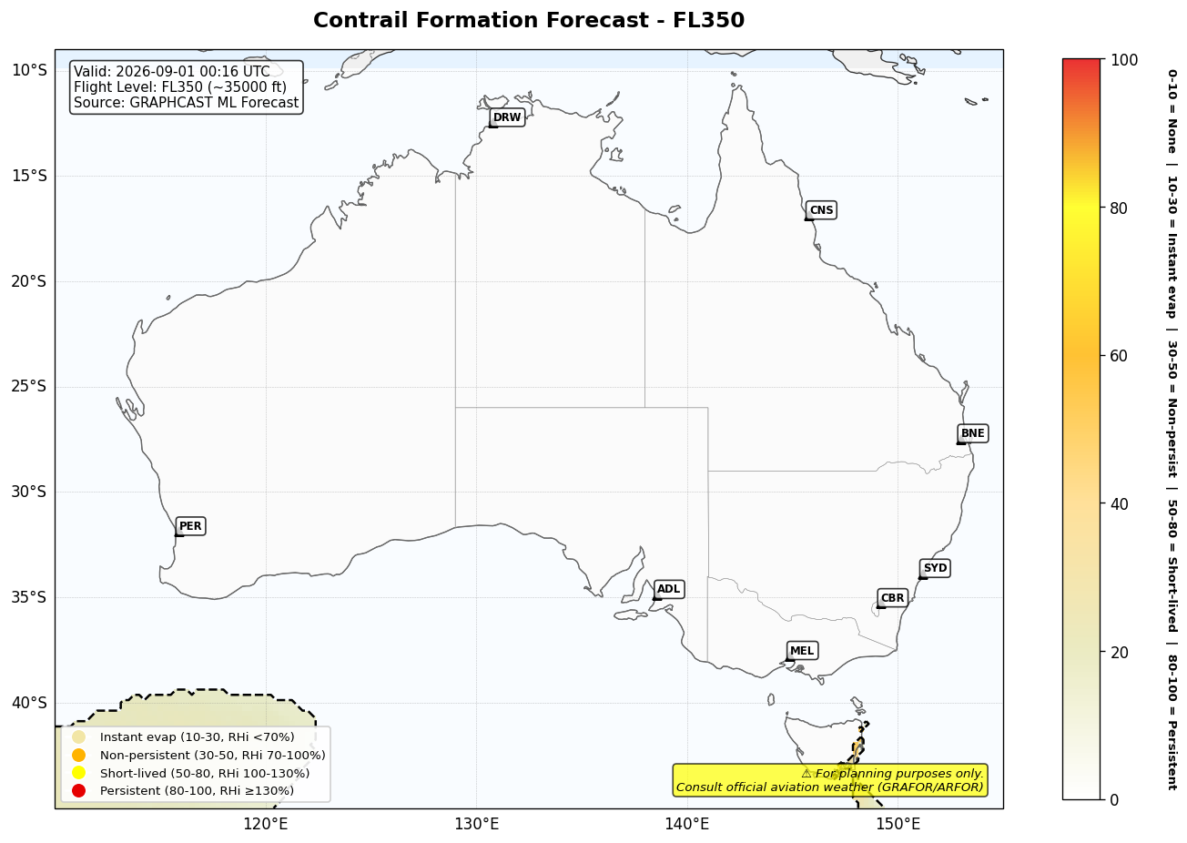 Contrail forecast for FL350 at 2026-09-01 00:16 UTC