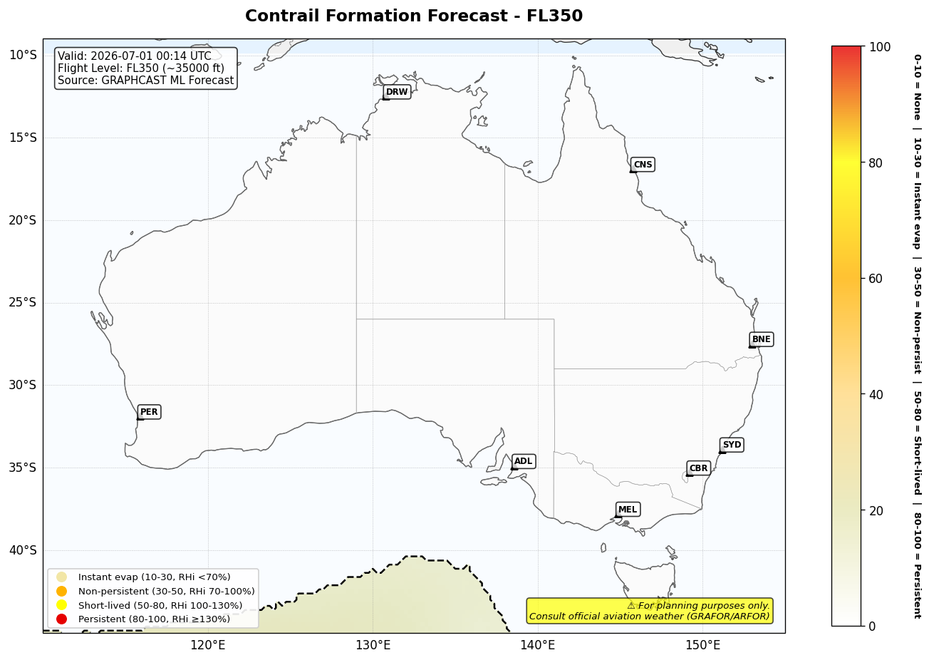 Contrail forecast for FL350 at 2026-07-01 00:14 UTC