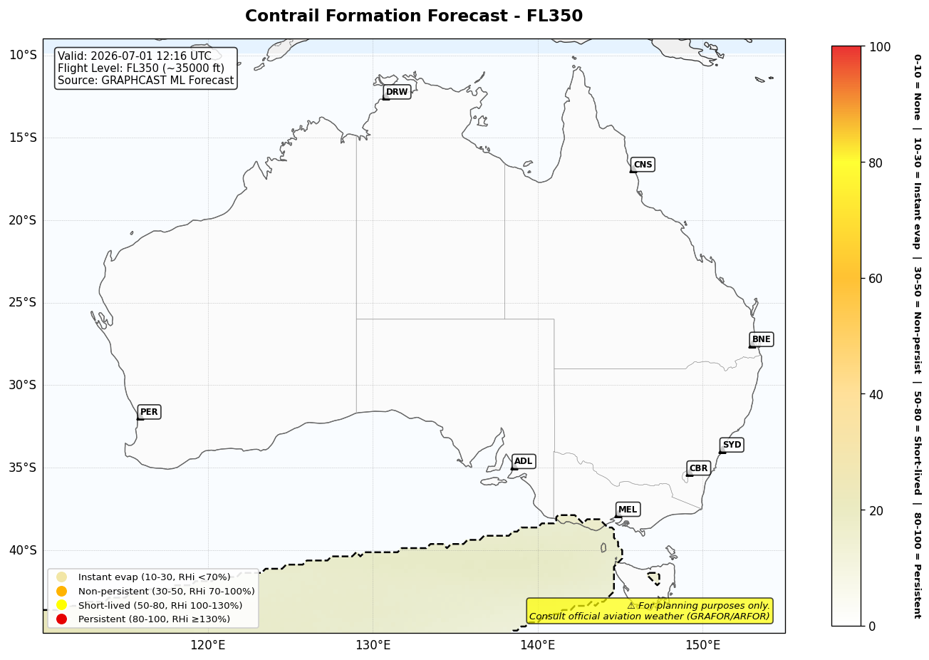 Contrail forecast for FL350 at 2026-07-01 12:16 UTC