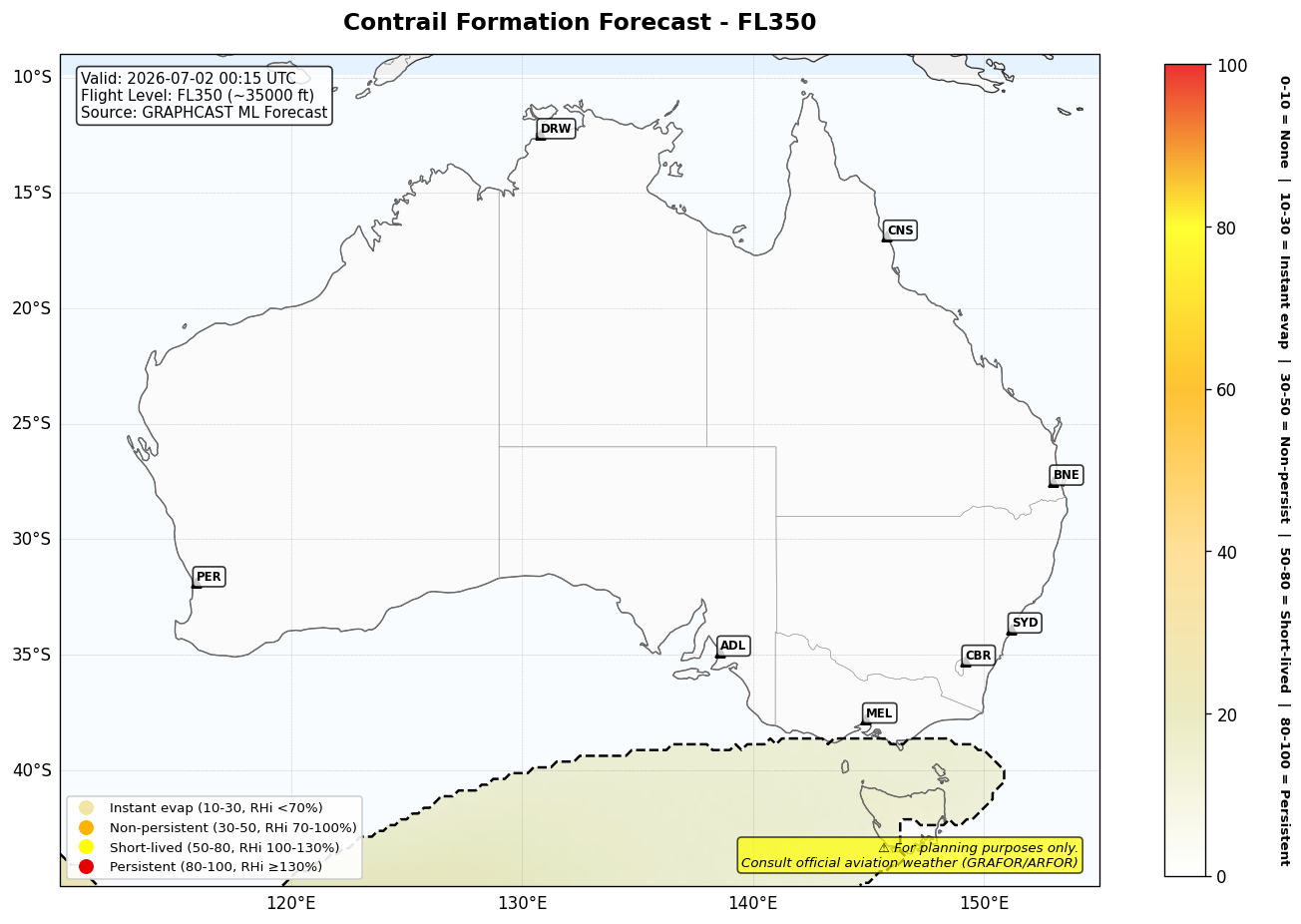 Contrail forecast for FL350 at 2026-07-02 00:15 UTC