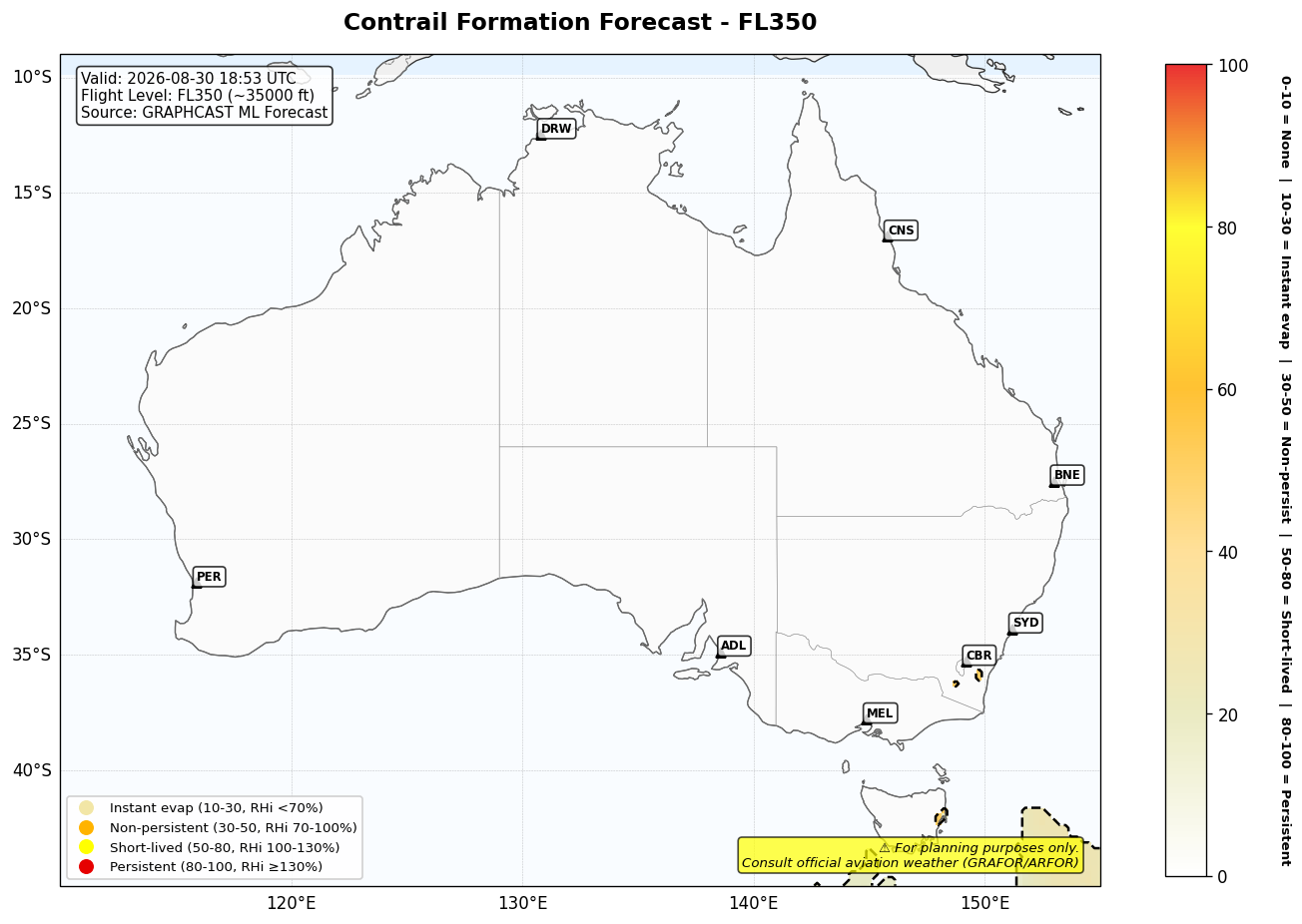 Contrail forecast for FL350 at 2026-08-30 18:53 UTC
