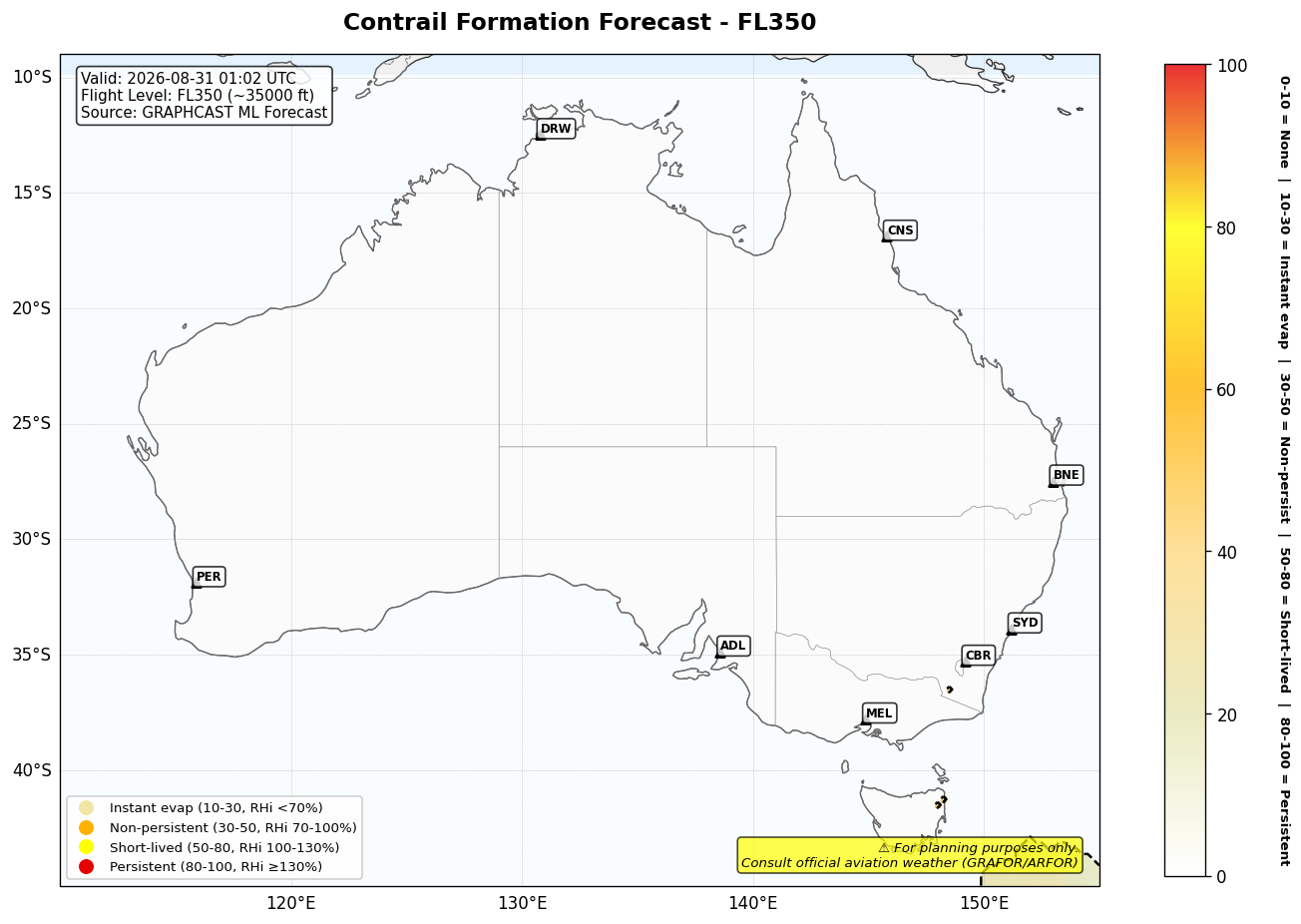 Contrail forecast for FL350 at 2026-08-31 01:02 UTC