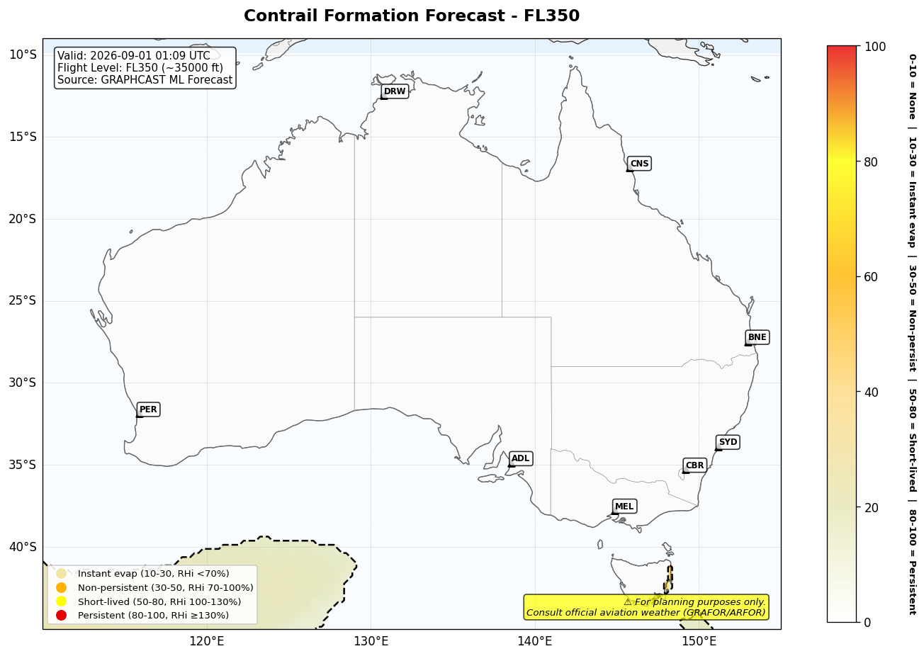 Contrail forecast for FL350 at 2026-09-01 01:09 UTC