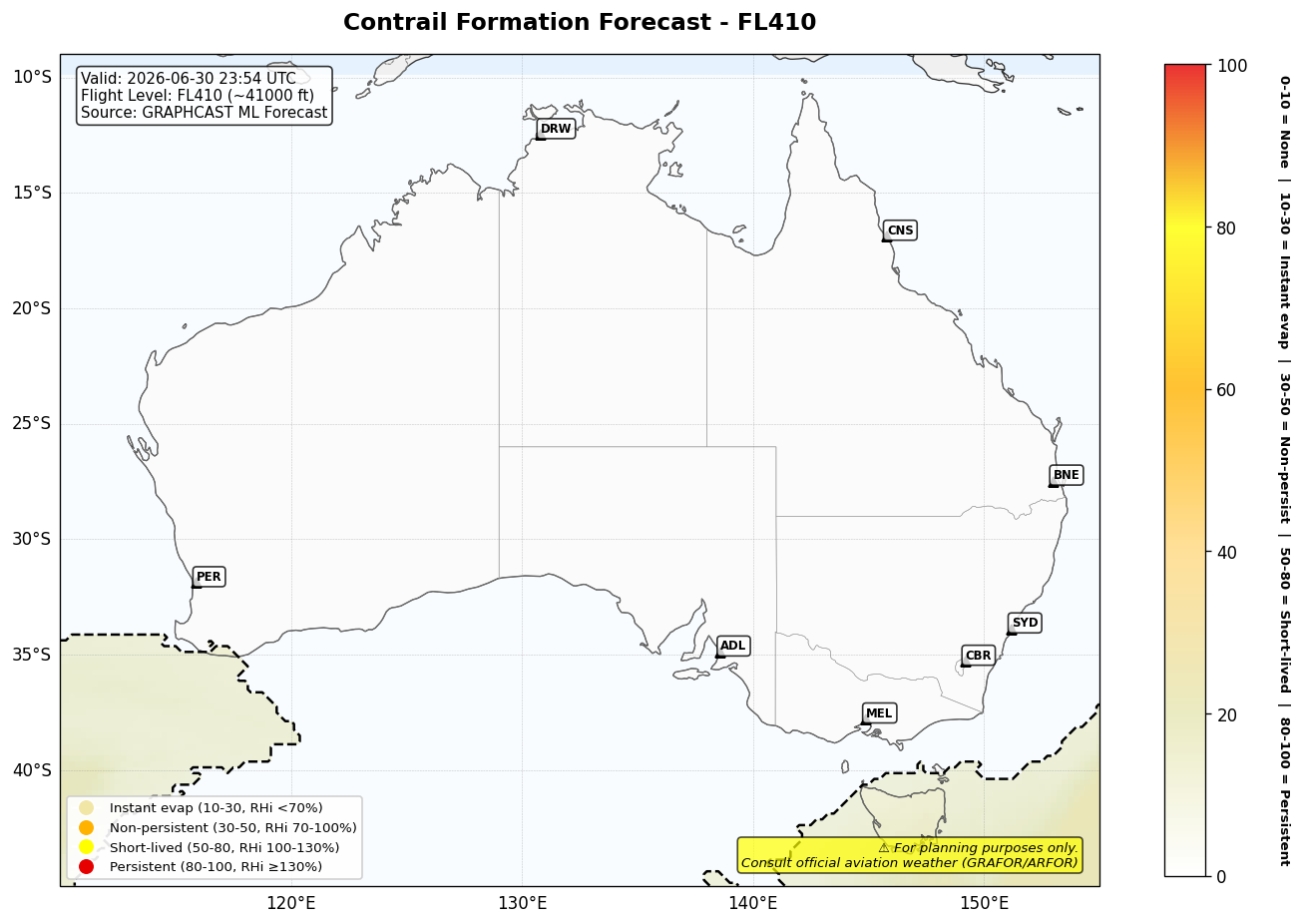 Contrail forecast for FL410 at 2026-06-30 23:54 UTC