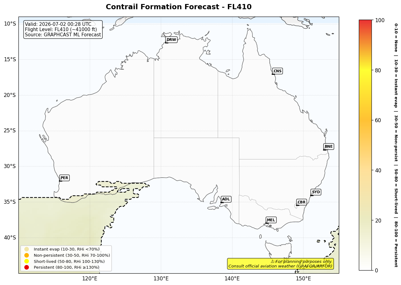 Contrail forecast for FL410 at 2026-07-02 00:28 UTC