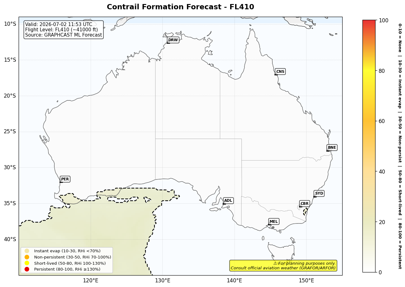 Contrail forecast for FL410 at 2026-07-02 11:53 UTC