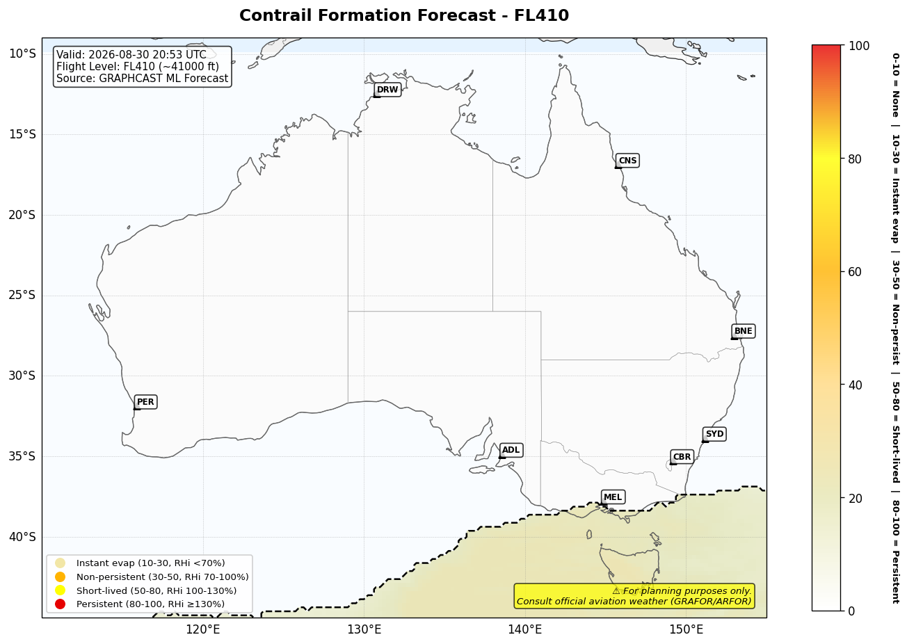 Contrail forecast for FL410 at 2026-08-30 20:53 UTC