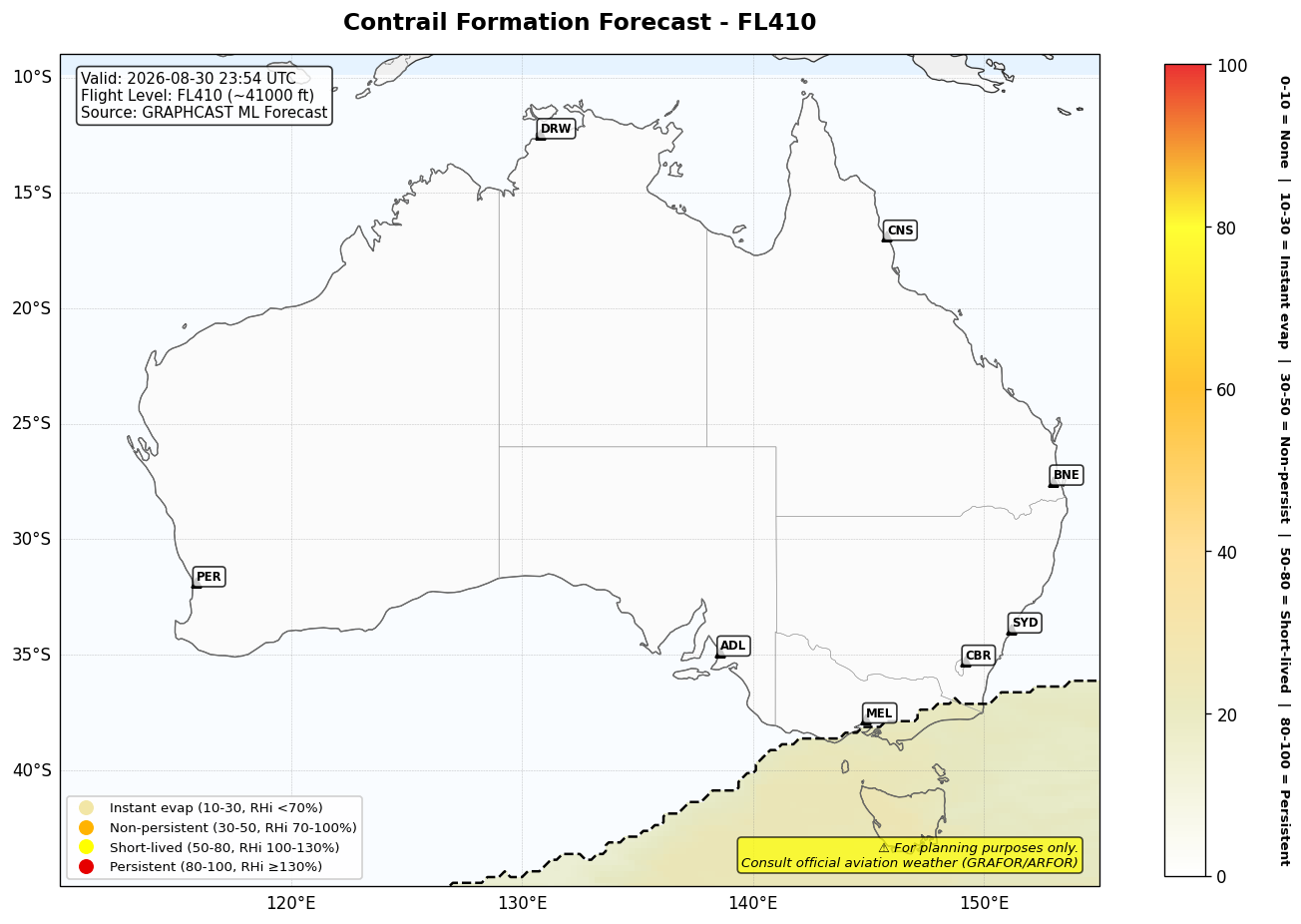 Contrail forecast for FL410 at 2026-08-30 23:54 UTC