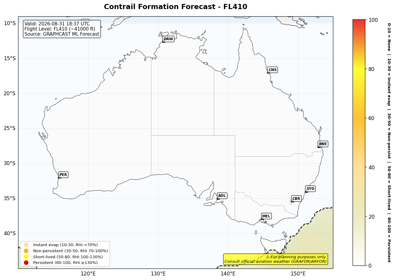 Contrail forecast for FL410 at 2026-08-31 18:37 UTC