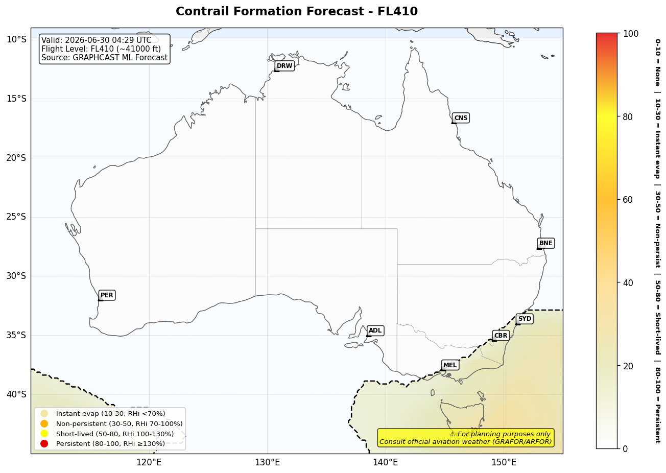 Contrail forecast for FL410 at 2026-06-30 04:29 UTC