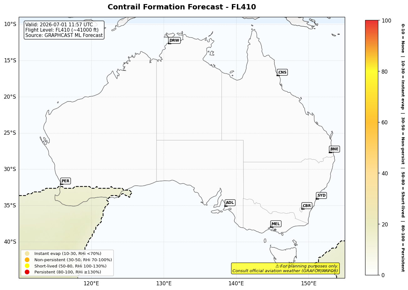 Contrail forecast for FL410 at 2026-07-01 11:57 UTC