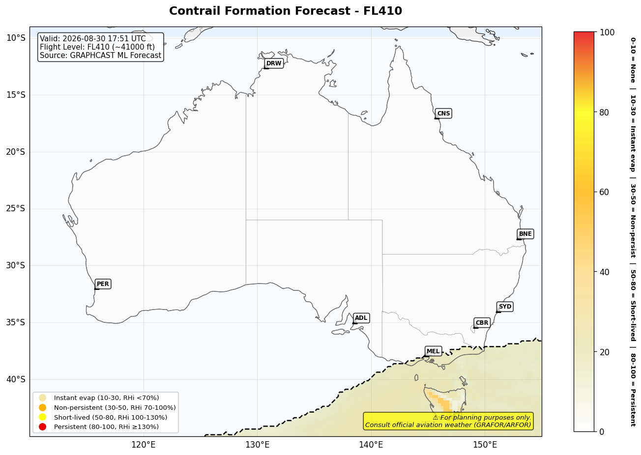 Contrail forecast for FL410 at 2026-08-30 17:51 UTC