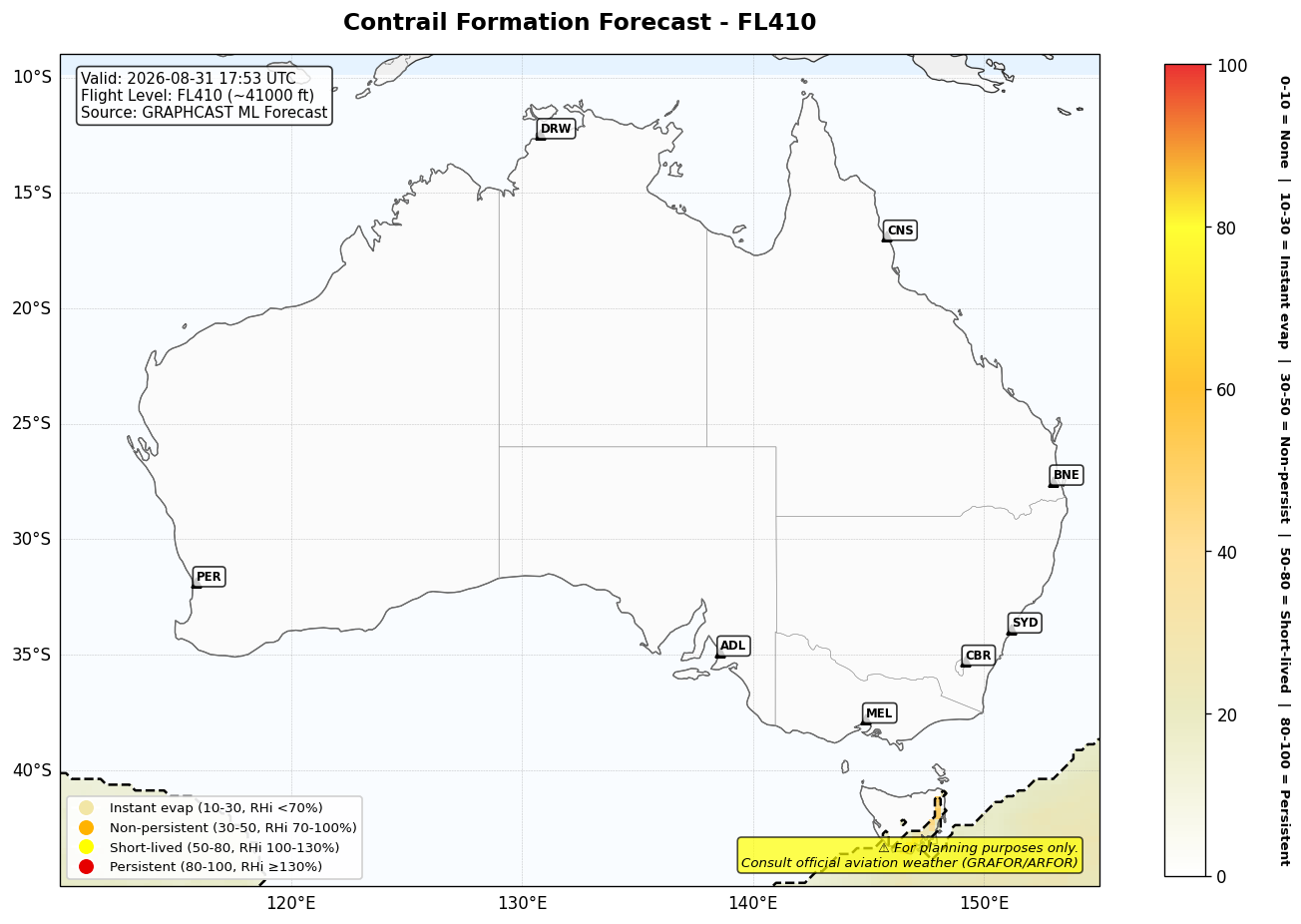 Contrail forecast for FL410 at 2026-08-31 17:53 UTC