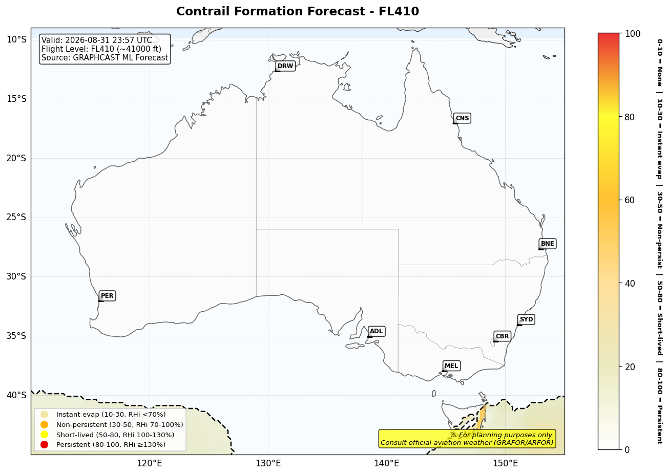 Contrail forecast for FL410 at 2026-08-31 23:57 UTC
