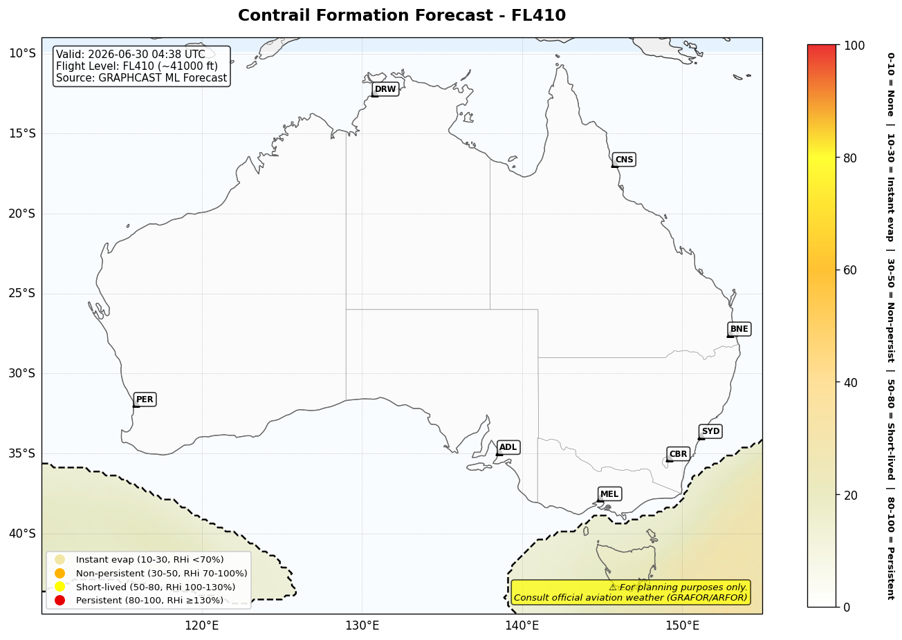 Contrail forecast for FL410 at 2026-06-30 04:38 UTC